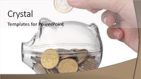  Presentation with piggy bank - PPT theme consisting of hand putting coin into piggy background and a white colored foreground