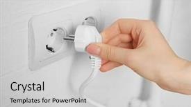  Presentation with power plug - Slide deck with hand putting plug in electricity background and a light gray colored foreground