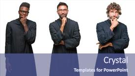  Presentation with christian african american men - Colorful PPT layouts enhanced with hand raised on chin thinking backdrop and a  colored foreground