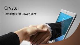  Presentation with shake hand - Amazing theme having hand reaching out from screen backdrop and a light gray colored foreground