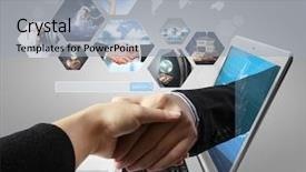  Presentation with shake hand - Slide set enhanced with hand reaching out from screen background and a light gray colored foreground