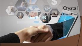  Presentation with shake hand - PPT theme with hand reaching out from screen background and a light gray colored foreground