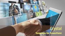  Presentation with hand shake - Theme enhanced with hand reaching out from screen background and a tawny brown colored foreground