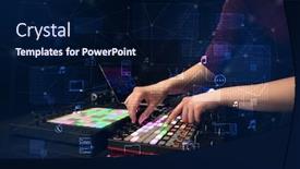  Presentation with controller - PPT layouts having hand remixing music on midi controller with play music and multimedia concept background and a navy blue colored foreground