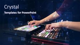  Presentation with controller - Cool new slide deck with hand remixing music on midi controller with play music and multimedia concept backdrop and a navy blue colored foreground