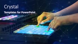 Presentation with music literacy - PPT theme featuring hand remixing music on midi controller with play music and multimedia concept background and a navy blue colored foreground