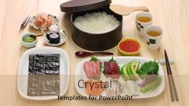  Presentation with japanese food - Colorful PPT theme enhanced with hand-rolled-temaki-sushi-set backdrop and a coral colored foreground