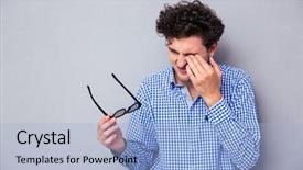  Presentation with blue eyes technology eye scan - Cool new presentation with hand rub - man holding sunglasses and rubbing backdrop and a light blue colored foreground