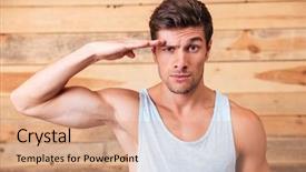  Presentation with special education young adult man - Slides enhanced with hand salute - serious young man standing background and a  colored foreground