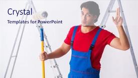  Presentation with contractor - Cool new slide deck with hand salute - young handsome contractor working indoors backdrop and a sky blue colored foreground