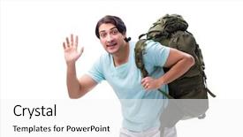  Presentation with white fragility - Amazing slide deck having hand salute - young handsome tourist isolated backdrop and a  colored foreground