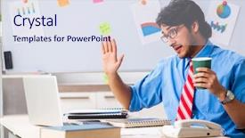  Presentation with financial - Cool new PPT theme with hand salute - young male financial manager working backdrop and a sky blue colored foreground