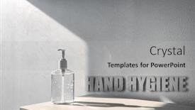  Presentation with hand sanitizer - Beautiful PPT theme featuring hand-sanitizer-background-for-hands backdrop and a light gray colored foreground