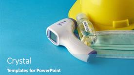  Presentation with hand sanitizer - PPT theme consisting of hand-sanitizer-bottle-and-medical background and a teal colored foreground