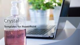  Presentation with hand sanitizer - PPT theme having hand-sanitizer-in-home-office background and a light blue colored foreground