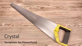  Presentation with blade - Beautiful PPT theme featuring hand saw on wooden table backdrop and a  colored foreground