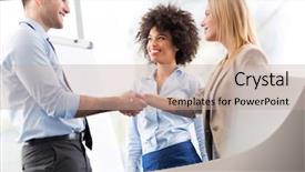  Presentation with shaking hands - Colorful presentation design enhanced with hand shake - businesspeople shaking hands backdrop and a mint green colored foreground