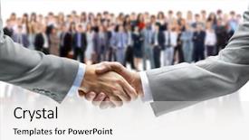  Presentation with team hands - Audience pleasing slide set consisting of hand shake - shaking hands and business team backdrop and a light gray colored foreground
