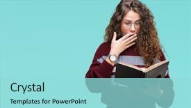  Presentation with book glasses - Audience pleasing slide set consisting of young brunette girl reading a book wearing glasses over isolated background cover mouth with hand shocked with shame for mistake expression of fear scared in silence secret concept backdrop and a arctic colored foreground