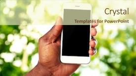  Presentation with smart - Audience pleasing PPT theme consisting of hand shows mobile smart phone backdrop and a cream colored foreground