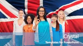  Presentation with diversity women - Beautiful theme featuring hand sign over english flag backdrop and a teal colored foreground