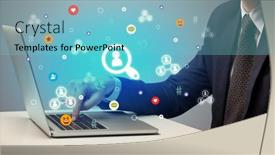  Presentation with social media - PPT theme featuring hand-surfing-on-the-social background and a light blue colored foreground