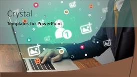  Presentation with social media - PPT layouts having hand-surfing-on-the-social background and a  colored foreground