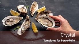  Presentation with black hand - PPT theme having hand-take-raw-opened-oyster background and a tawny brown colored foreground