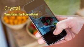  Presentation with photo display - Amazing slide set having hand taking a photo of fruits on display in organic section at supermarket backdrop and a tawny brown colored foreground