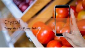  Presentation with grocery - PPT theme having hand taking picture of tomatoes through smart phone at grocery shop background and a red colored foreground