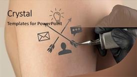  Presentation with hand holding colorful brain sketch - Audience pleasing PPT theme consisting of hand tattooing colorful communication leadership backdrop and a  colored foreground