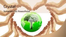  Presentation with environment - PPT theme consisting of protecting environment - hand to protect the world background and a coral colored foreground