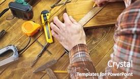  Presentation with wood tools - Audience pleasing slide set consisting of tools man - carpenter works with wood backdrop and a coral colored foreground