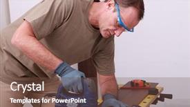  Presentation with electric - Theme featuring man using an electric saw background and a tawny brown colored foreground