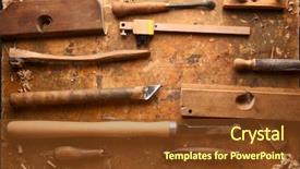  Presentation with wood tools - Slide deck featuring hand tools wood drill jig background and a tawny brown colored foreground