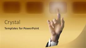  Presentation with solutions - Amazing presentation theme having hand-touching-a-solutions-button backdrop and a  colored foreground