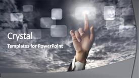  Presentation with solutions - PPT theme consisting of hand touching a solutions button background and a gray colored foreground