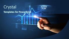  Presentation with action button - PPT layouts featuring hand-touching-action-plan-button background and a ocean colored foreground