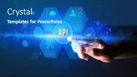  Presentation with new technology - Presentation theme having hand-touching-api-inscription-new background and a ocean colored foreground