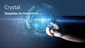  Presentation with assessment business - Amazing presentation design having hand-touching-assessment-button-modern backdrop and a ocean colored foreground