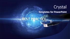  Presentation with best practice - Audience pleasing PPT theme consisting of hand-touching-best-practice-button backdrop and a navy blue colored foreground