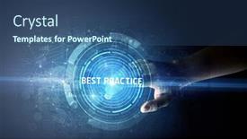  Presentation with best practice - Colorful slide deck enhanced with hand-touching-best-practice-button backdrop and a ocean colored foreground