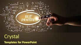  Presentation with best practice - Slides featuring hand-touching-best-practice-inscription background and a tawny brown colored foreground