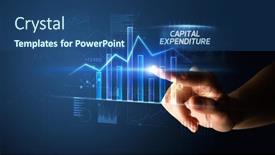  Presentation with expenditure - Beautiful theme featuring hand-touching-capital-expenditure-button backdrop and a ocean colored foreground