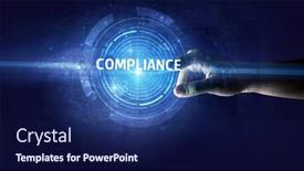  Presentation with compliance - PPT layouts consisting of hand-touching-compliance-button-modern background and a navy blue colored foreground
