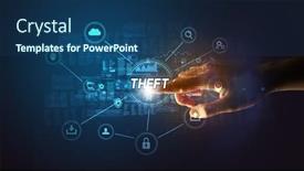  Presentation with cybersecurity - Presentation design enhanced with hand-touching-cybersecurity-button-concept background and a ocean colored foreground