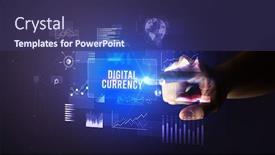  Presentation with new technology - Presentation theme enhanced with hand-touching-digital-currency-inscription background and a violet colored foreground