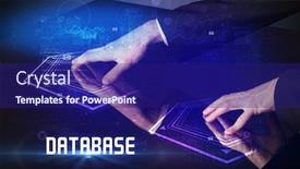  Presentation with database - Colorful presentation theme enhanced with hand-touching-digital-table backdrop and a navy blue colored foreground