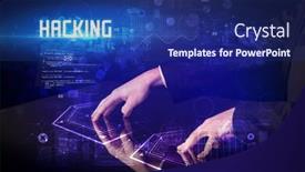  Presentation with hacking - Slides enhanced with hand-touching-digital-table background and a navy blue colored foreground