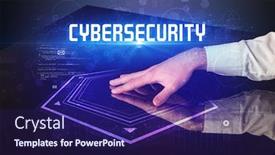  Presentation with cybersecurity - Cool new PPT theme with hand-touching-digital-table backdrop and a navy blue colored foreground